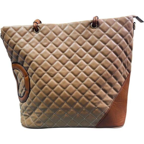 Fashion Designer Tan and Brown Quilted Large Tote Bag - Picture 3 of 11